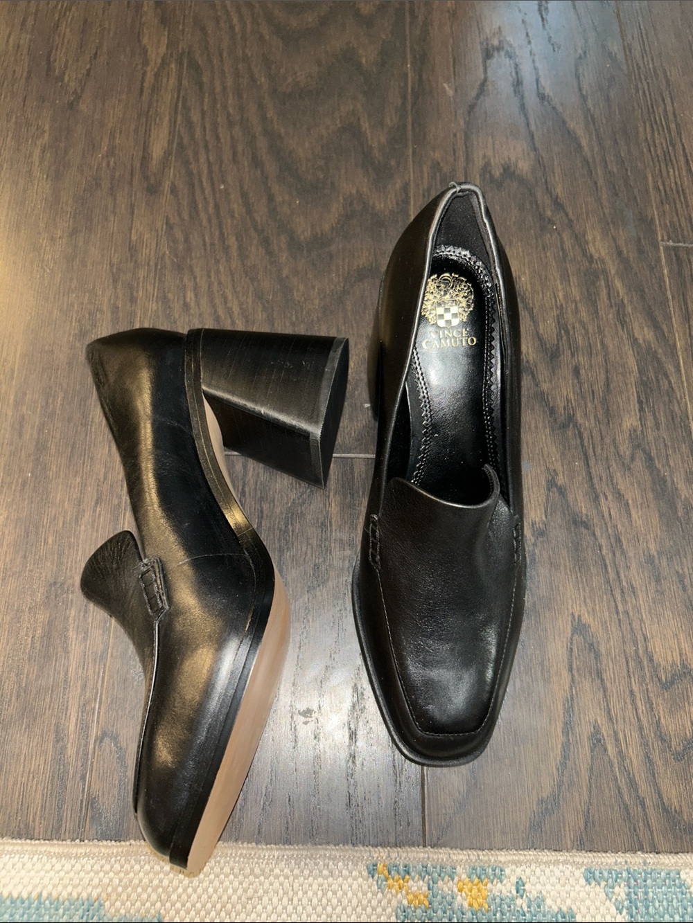 Vince Camuto Black Leather Square-Toe Block Heel Loafers